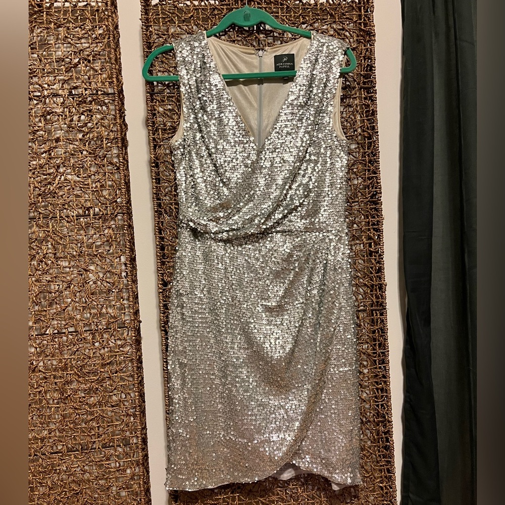 Silver Sequined Adrianna Papell Faux Wrap Dress Size 10